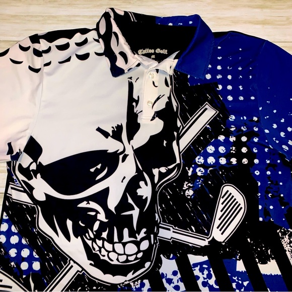 Tatoo Golf Polo Shirt Mens M Blue Black Collection Short Sleeve Skull ⛳️🔥 - Picture 2 of 4